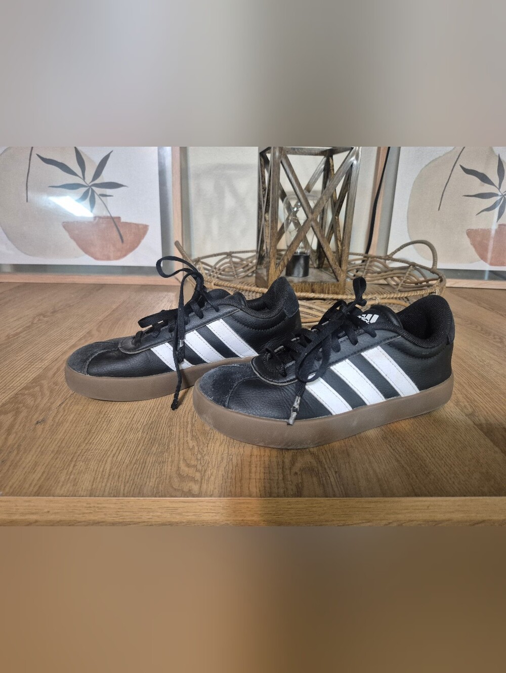 adidas Kids Black Sneakers with White Stripes and Brown Sole